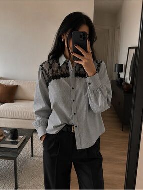 ZARA Basic Striped Lace Trim Button-Down Blouse Top S Black White 47cm P2P